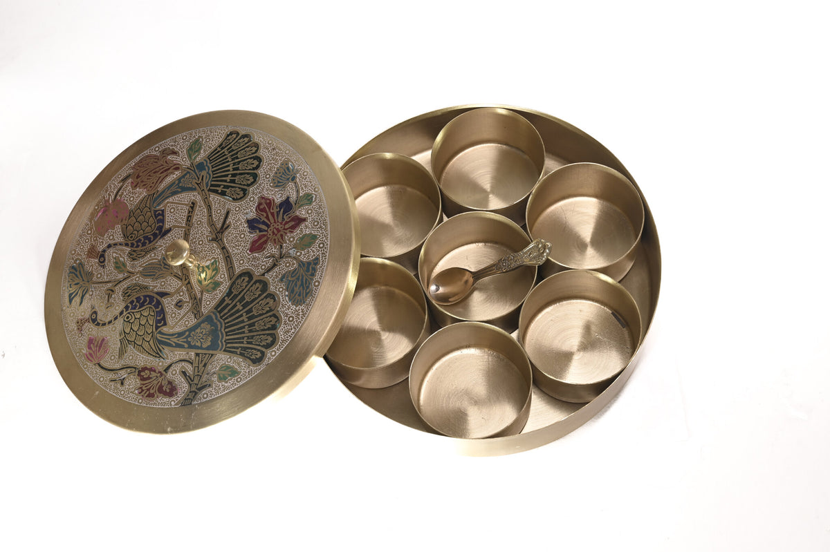 Brass Masala Box with Peacock Lid – 8 Inch